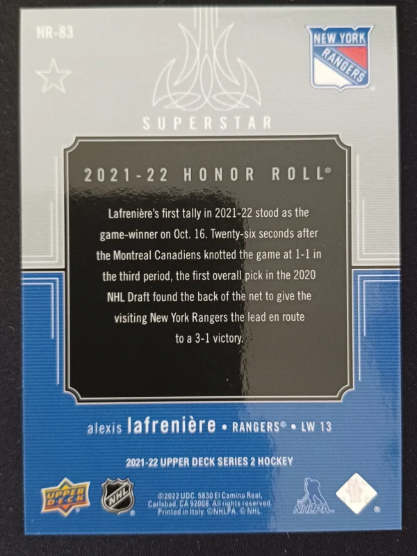 2021/2022 Upper Deck Series 2 Honor Roll HR-83 Alexis Lafreniere Inzert - Image 2