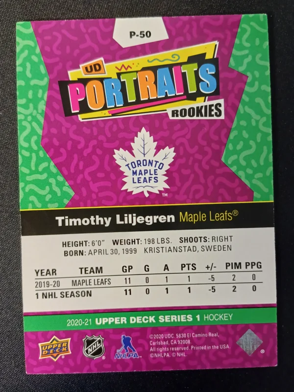 2020/2021 Upper Deck Series 1 Portraits P-50 Timothy Liljegren Inzert - Image 2