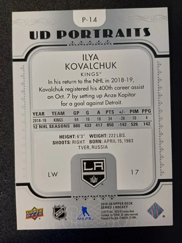 2019/2020 Upper Deck Series 1 Portraits P-14 Ilya Kovalchuk Inzert - Image 2