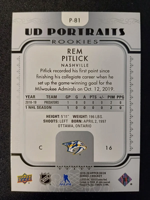 2019/2020 Upper Deck Series 2 Portraits P-81 Rem Pitlick Inzert - Image 2