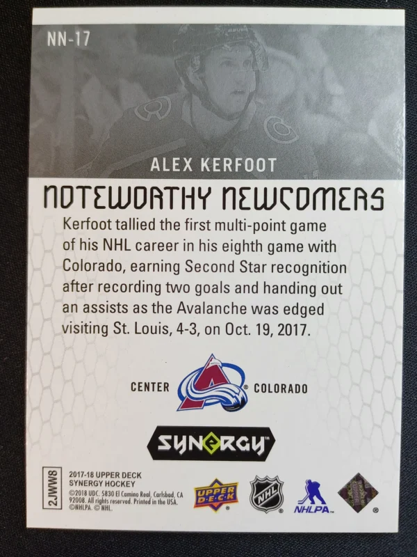 2017/2018 Upper Deck Synergy Noteworthy Newcomers NN-17 Alex Kerfoot Inzert - Image 2