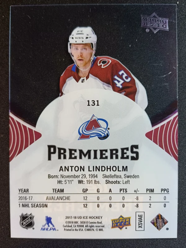 2017/2018 Upper Deck Ice Premieres 131 Anton Lindholm Inzert 886/999 - Image 2