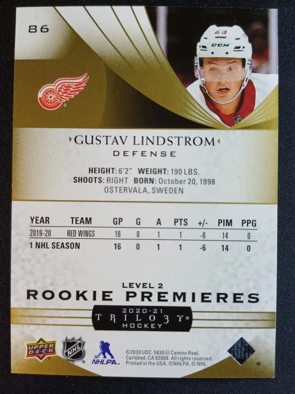 2020/2021 Upper Deck Trilogy Rookie Premieres Level 2 86 Gustav Lindstrom Inzert 043/499 - Image 2