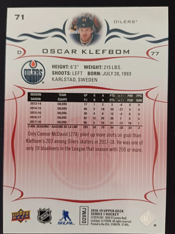 2018/2019 Upper Deck Series 1 Base Exclusives 71 Oscar Klefbom Paralel 043/100 - Image 2