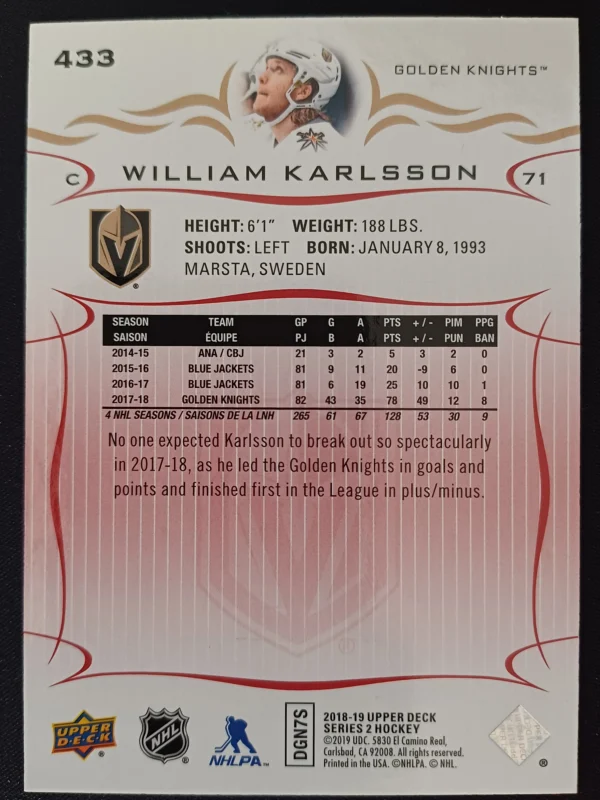 2018/2019 Upper Deck Series 2 Base Exclusives 433 William Karlsson Paralel 025/100 - Image 2