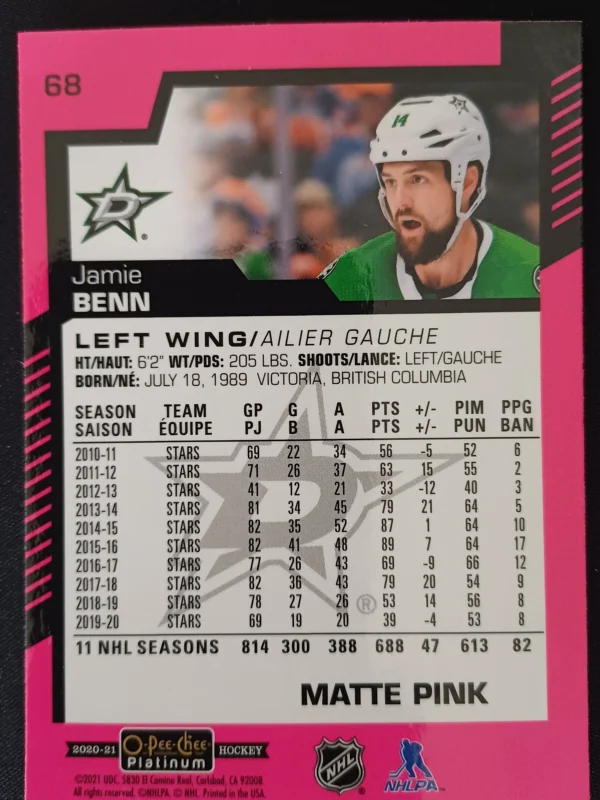 2020/2021 Upper Deck OPC Platinum Matte Pink 68 Jamie Benn Paralel - Image 2