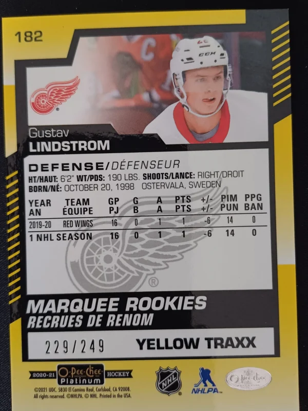 2020/2021 Upper Deck OPC Platinum Yellow Traxx Marquee Rookie 182 Gustav Lindstrom Paralel 229/249 - Image 2