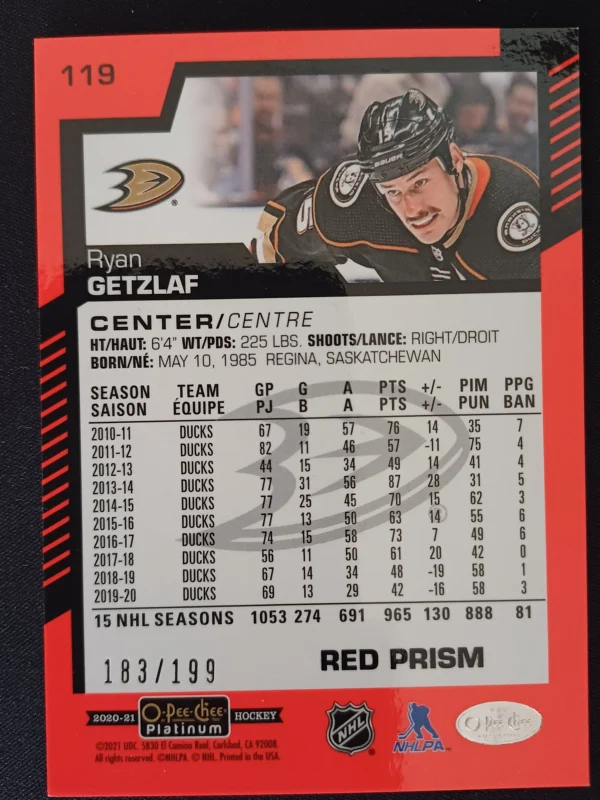 2020/2021 Upper Deck OPC Platinum Red Prism 119 Ryan Getzlaf Paralel 183/199 - Image 2