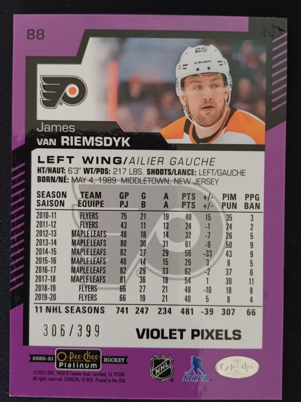 2020/2021 Upper Deck OPC Platinum Violet Pixels 88 James van Riemsdyk Paralel 306/399 - Image 2