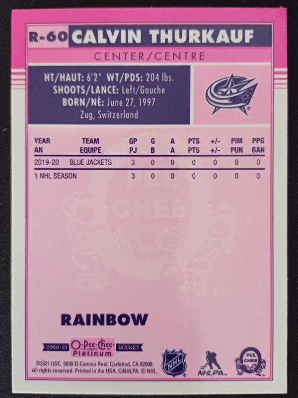 2020/2021 Upper Deck OPC Platinum Retro Rainbow Marquee Rookie R-60 Calvin Thurkauf Paralel - Image 2