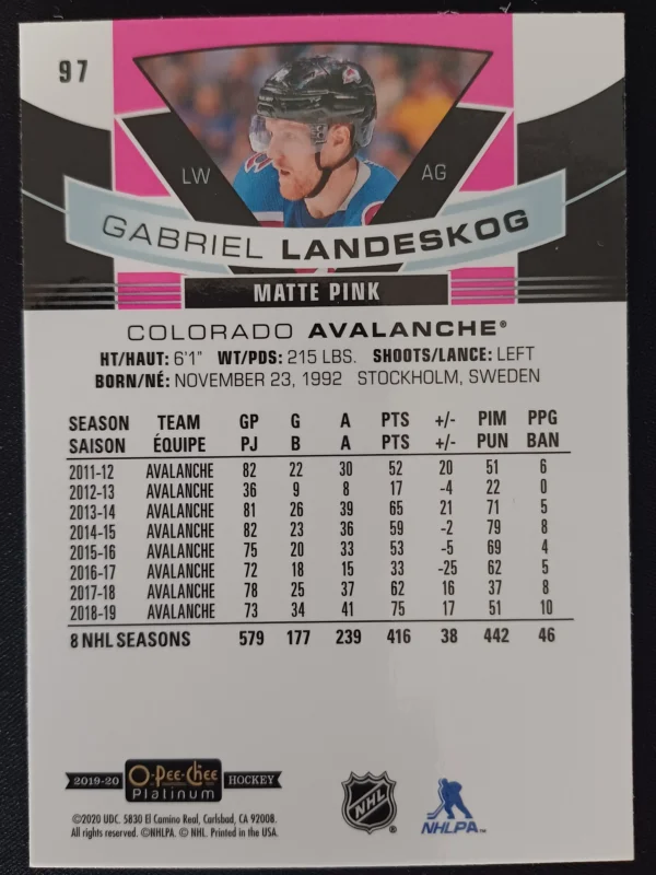 2019/2020 Upper Deck OPC Platinum Matte Pink 97 Gabriel Landeskog Paralel - Image 2