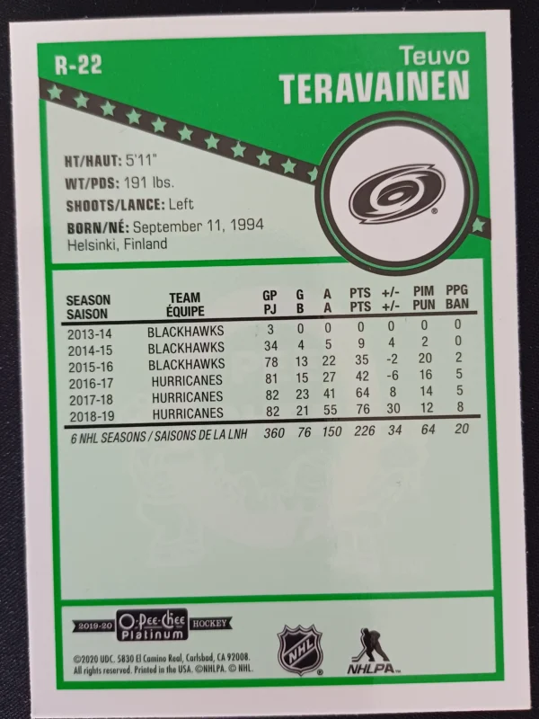 2019/2020 Upper Deck OPC Platinum Retro R-22 Teuvo Teravainen Paralel - Image 2