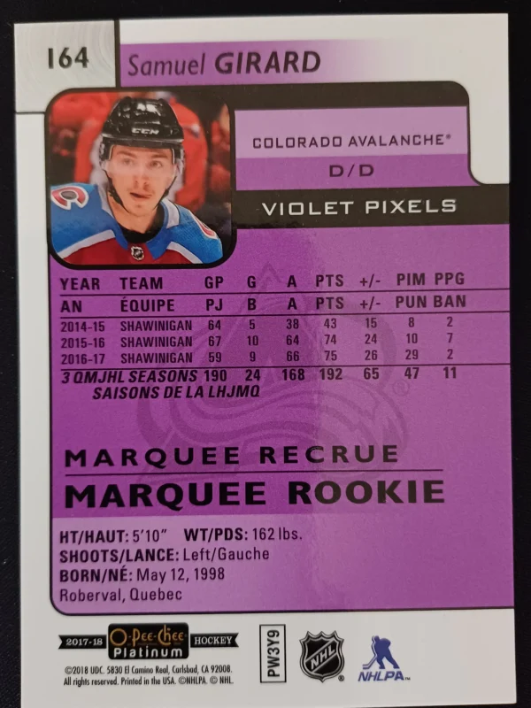 2017/2018 Upper Deck OPC Platinum Violet Pixels Marquee Rookie 164 Samuel Girard Paralel - Image 2