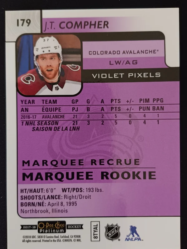 2017/2018 Upper Deck OPC Platinum Violet Pixels Marquee Rookie 179 J.T. Compher Paralel - Image 2