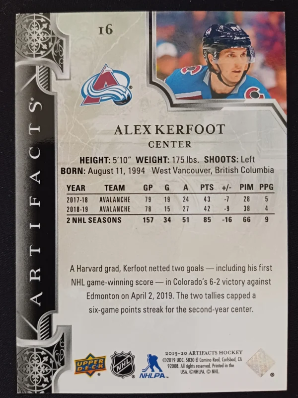 2019/2020 Upper Deck Artifacts Bronze 16 Alex Kerfoot Paralel 119/299 - Image 2