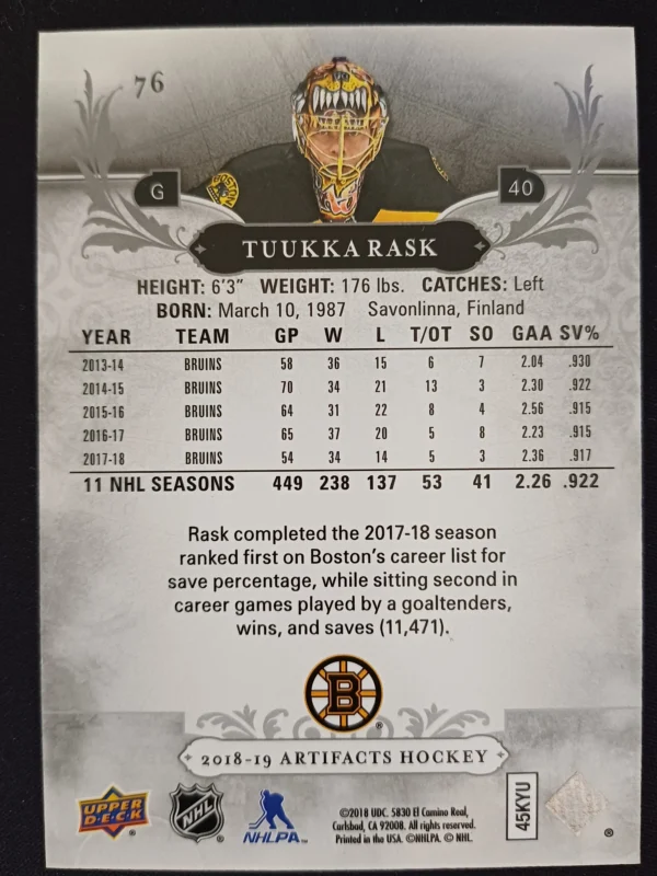 2018/2019 Upper Deck Artifacts Purple 76 Tuukka Rask Paralel 05/20 - Image 2