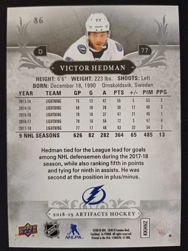 2018/2019 Upper Deck Artifacts Purple 86 Victor Hedman Paralel 02/20 - Image 2