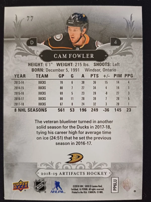 2018/2019 Upper Deck Artifacts Purple 77 Cam Fowler Paralel 13/20 - Image 2