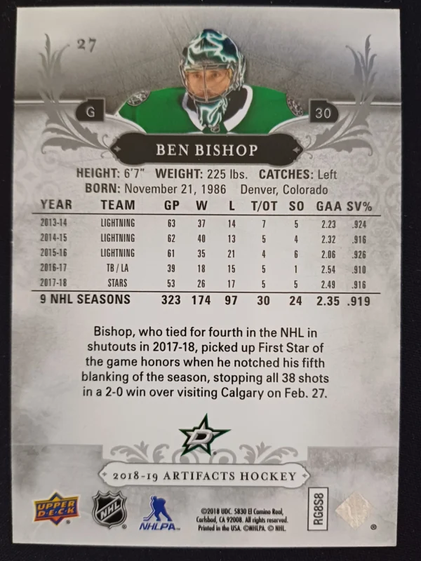 2018/2019 Upper Deck Artifacts Aqua 27 Ben Bishop Paralel 27/45 - Image 2