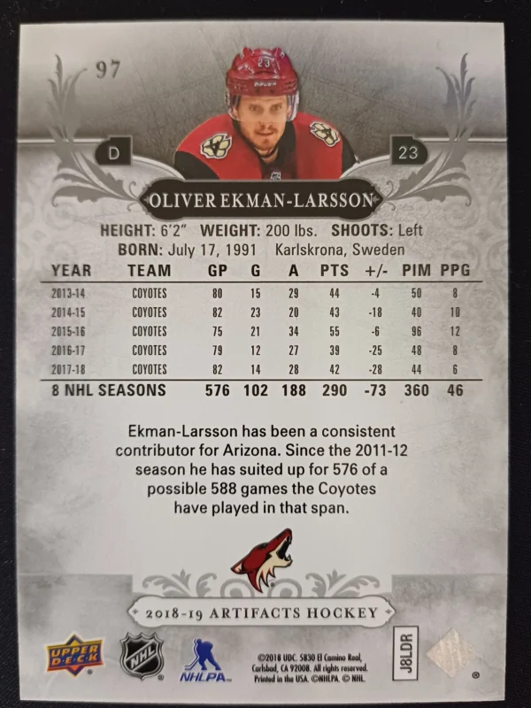 2018/2019 Upper Deck Artifacts Aqua 97 Oliver Ekman-Larsson Paralel 44/45 - Image 2