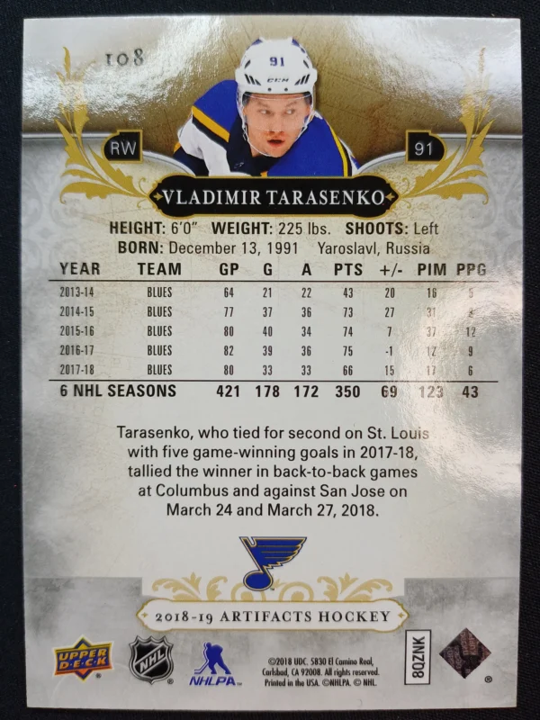 2018/2019 Upper Deck Artifacts Ruby 108 Vladimir Tarasenko Paralel 019/349 - Image 2