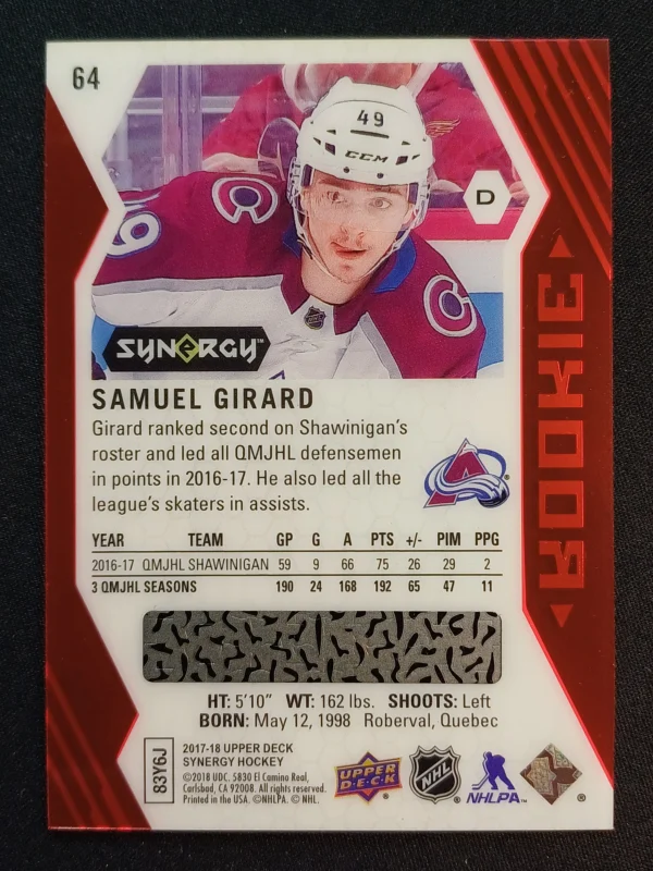 2017/2018 Upper Deck Synergy Rookie Red Bounty 64 Samuel Girard Paralel - Image 2