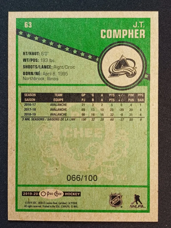 2019/2020 Upper Deck O-Pee-Chee Retro Black Border 63 J.T. Compher Paralel 066/100 - Image 2