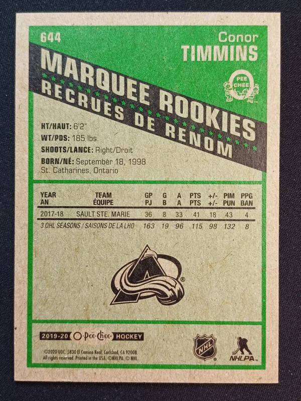 2019/2020 Upper Deck O-Pee-Chee Retro Marquee Rookie 644 Conor Timmins Paralel - Image 2