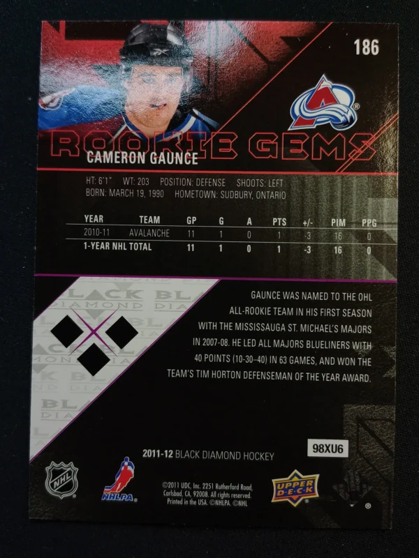 2011/2012 Upper Deck Black Diamond Triple Diamond Rookie Gems 186 Cameron Gaunce Paralel - Image 2