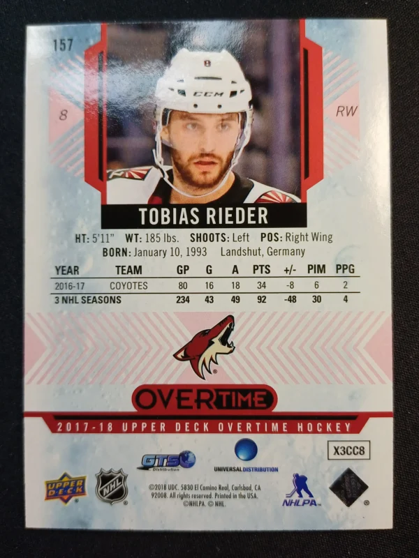 2017/2018 Upper Deck Overtime Red 157 Tobias Rieder Paralel 30/99 - Image 2