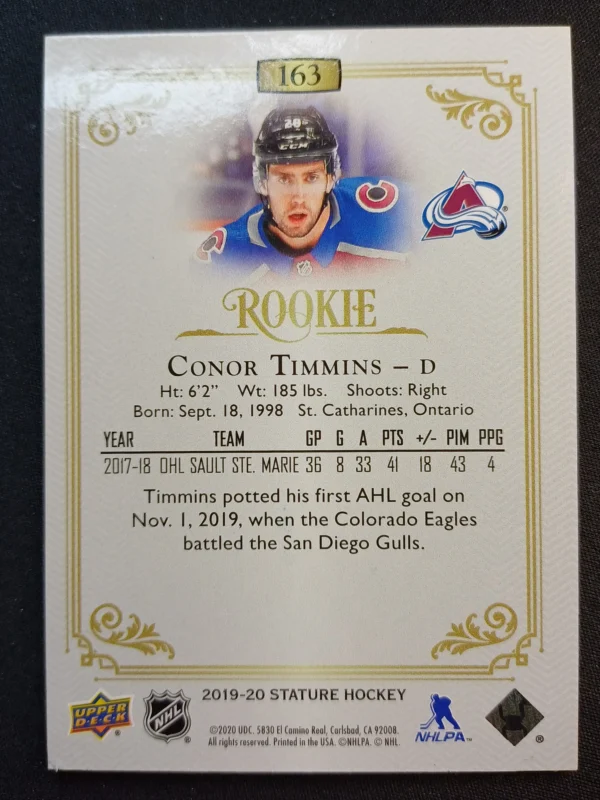 2019/2020 Upper Deck Stature Rookie Red 163 Conor Timmins Paralel 10/75 - Image 2