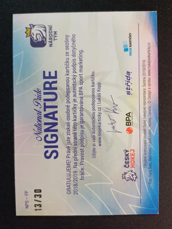 2018/2019 Moje Kartičky Národní Tým National Pride Signature AUTO NPS-FP Pavel Francouz Inzert 13/30 - Image 2