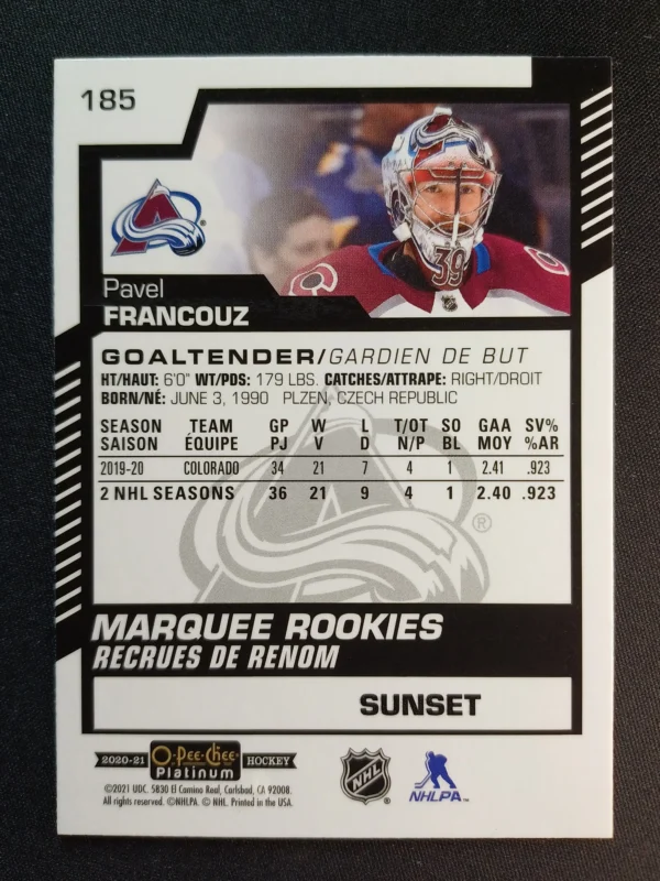 2020/2021 Upper Deck OPC Platinum Sunset Marquee Rookie 185 Pavel Francouz Paralel - Image 2