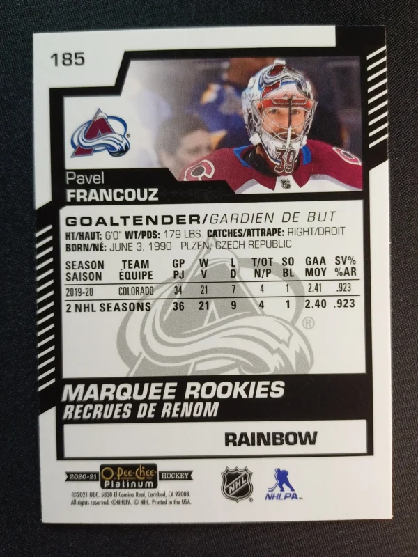 2020/2021 Upper Deck OPC Platinum Rainbow Marquee Rookie 185 Pavel Francouz Paralel - Image 2