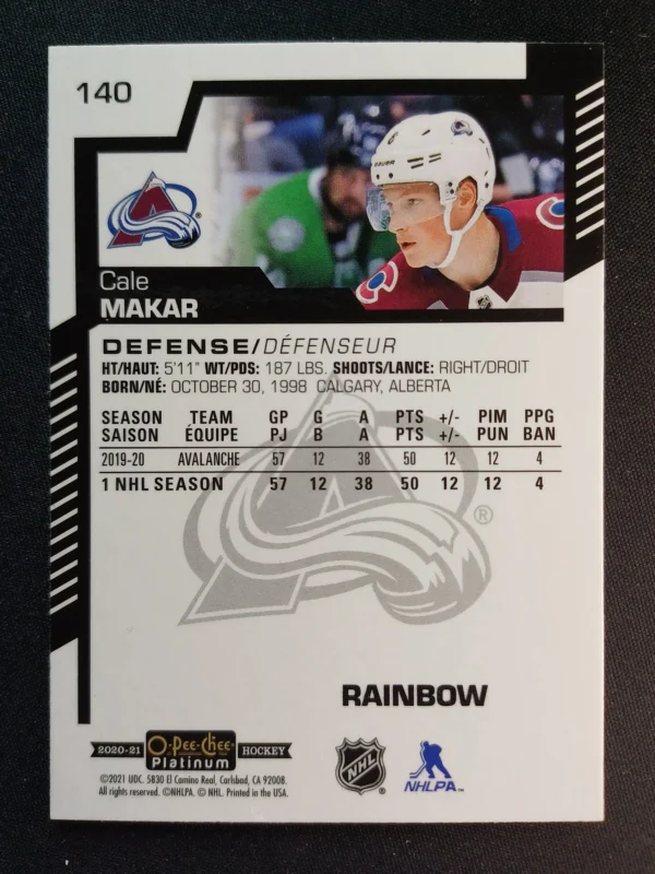 2020/2021 Upper Deck OPC Platinum Rainbow 140 Cale Makar Paralel - Image 2