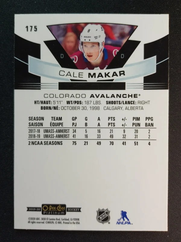 2019/2020 Upper Deck OPC Platinum Marquee Rookie 175 Cale Makar Inzert - Image 2