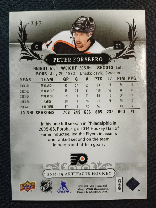 2018/2019 Upper Deck Artifacts Base 147 Peter Forsberg 344/599 - Image 2