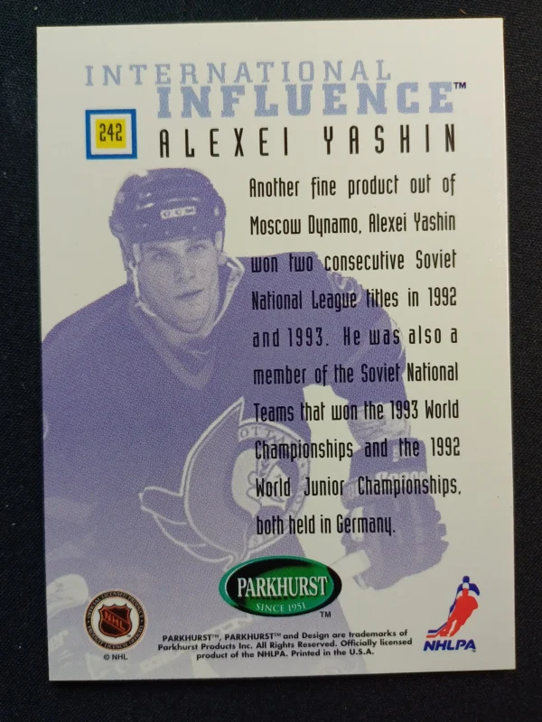 1995/1996 Parkhurst International International Influence 242 Alexei Yashin Inzert - Image 2