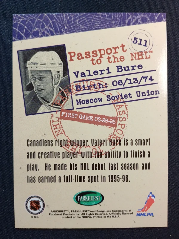 1995/1996 Parkhurst International Passport to the NHL 511 Valeri Bure Inzert - Image 2