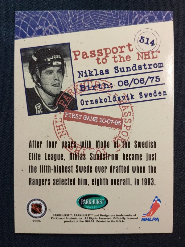 1995/1996 Parkhurst International Passport to the NHL 514 Niklas Sundstrom Inzert - Image 2