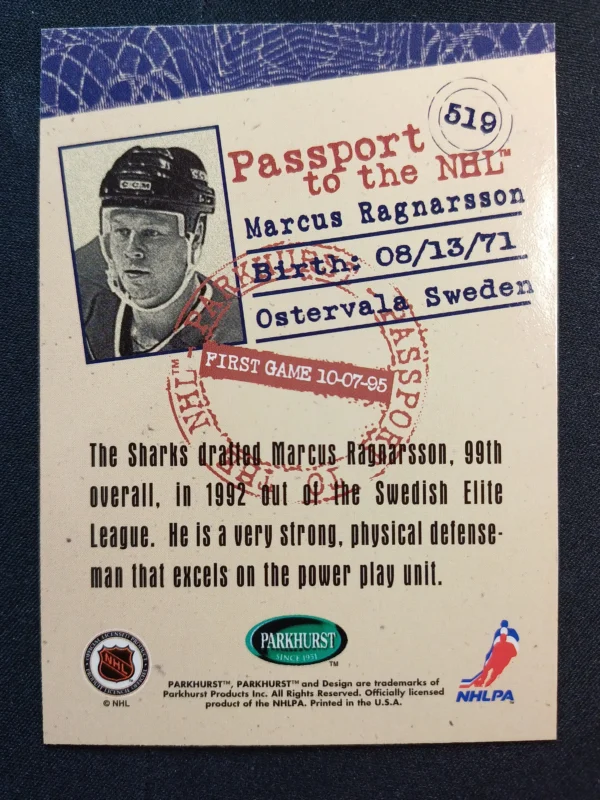 1995/1996 Parkhurst International Passport to the NHL 519 Marcus Ragnarsson Inzert - Image 2