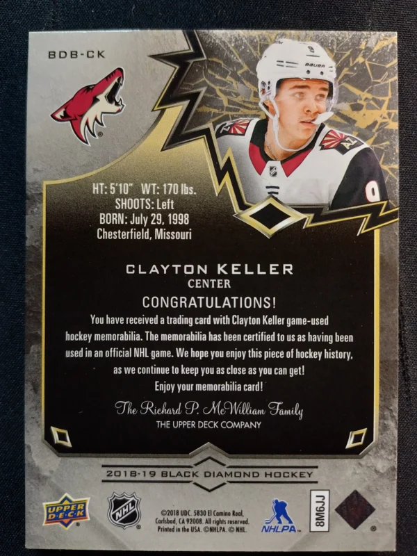 2018/2019 Upper Deck Black Diamond Pure Black Premium Relics BDB-CK Clayton Keller Patch 35/50 - Image 2