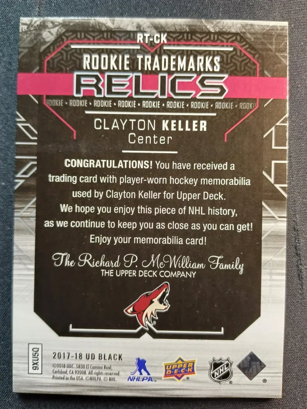 2017/2018 Upper Deck UD Black Rookie Trademark Relics RT-CK Clayton Keller Jersey 164/299 - Image 2