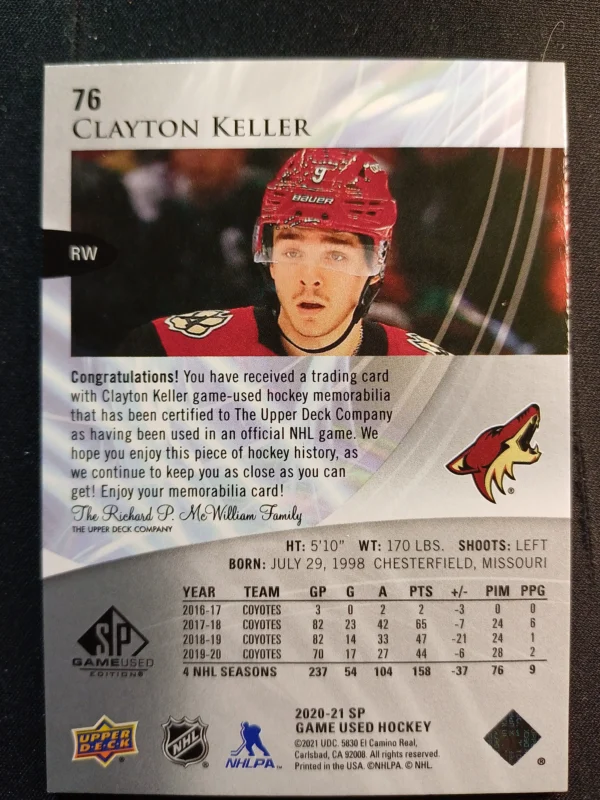 2020/2021 Upper Deck SPGU Base Materials 76 Clayton Keller Jersey - Image 2