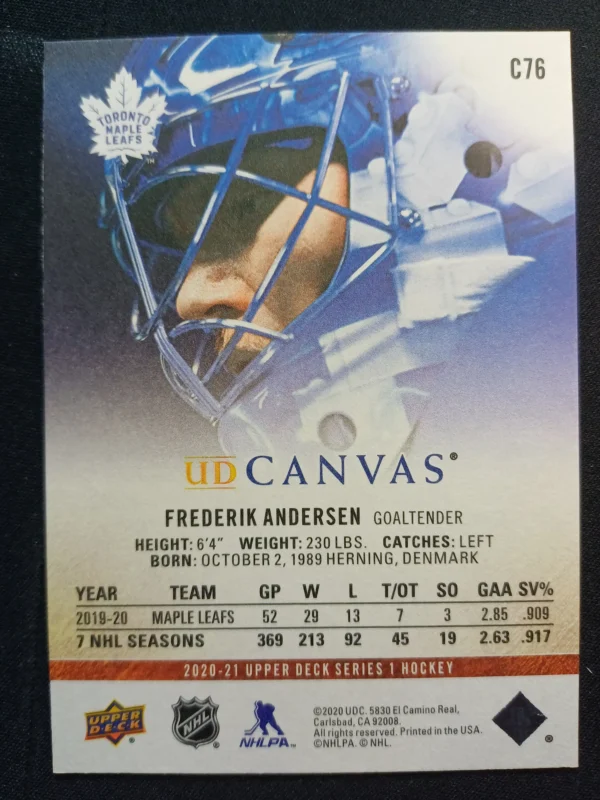 2020/2021 Upper Deck Series 1 Canvas C76 Frederik Andersen Inzert - Image 2