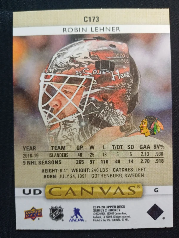 2019/2020 Upper Deck Series 2 Canvas C173 Robin Lehner Inzert - Image 2