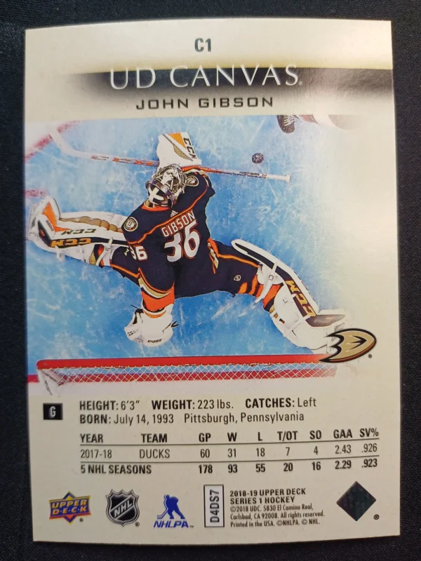 2018/2019 Upper Deck Series 1 Canvas C1 John Gibson Inzert - Image 2