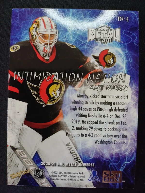 2020/2021 Upper Deck Skybox Metal Universe Intimidation Nation IN-04 Matt Murray Inzert - Image 2