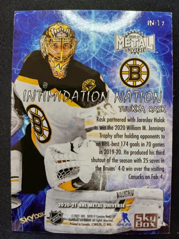 2020/2021 Upper Deck Skybox Metal Universe Intimidation Nation IN-17 Tuukka Rask Inzert - Image 2