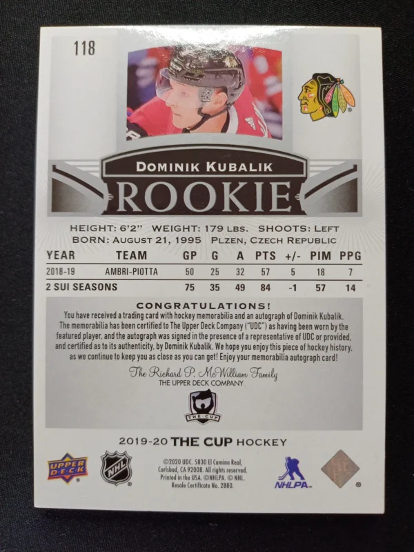 2019/2020 Upper Deck The Cup Rookie AUTO Patch 118 Dominik Kubalik AUTO Patch 227/249 - Image 2